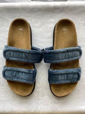 Zara Blue Velvet Double-Strap Slide Sandals, pre-owned